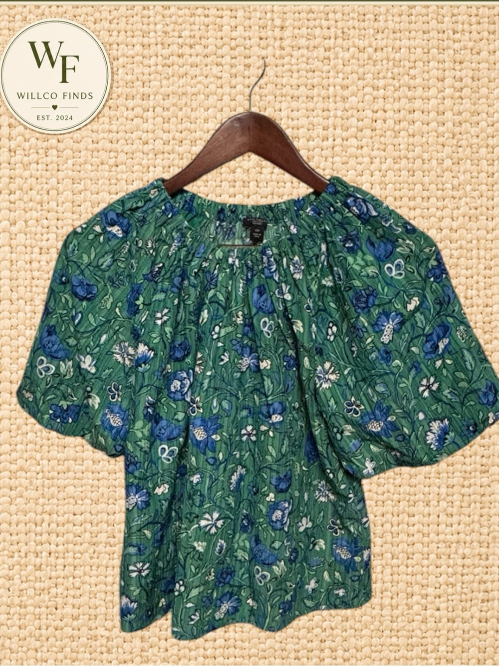 Ann Taylor Factory Petite XSP Green Blue Floral Puff Sleeve Blouse